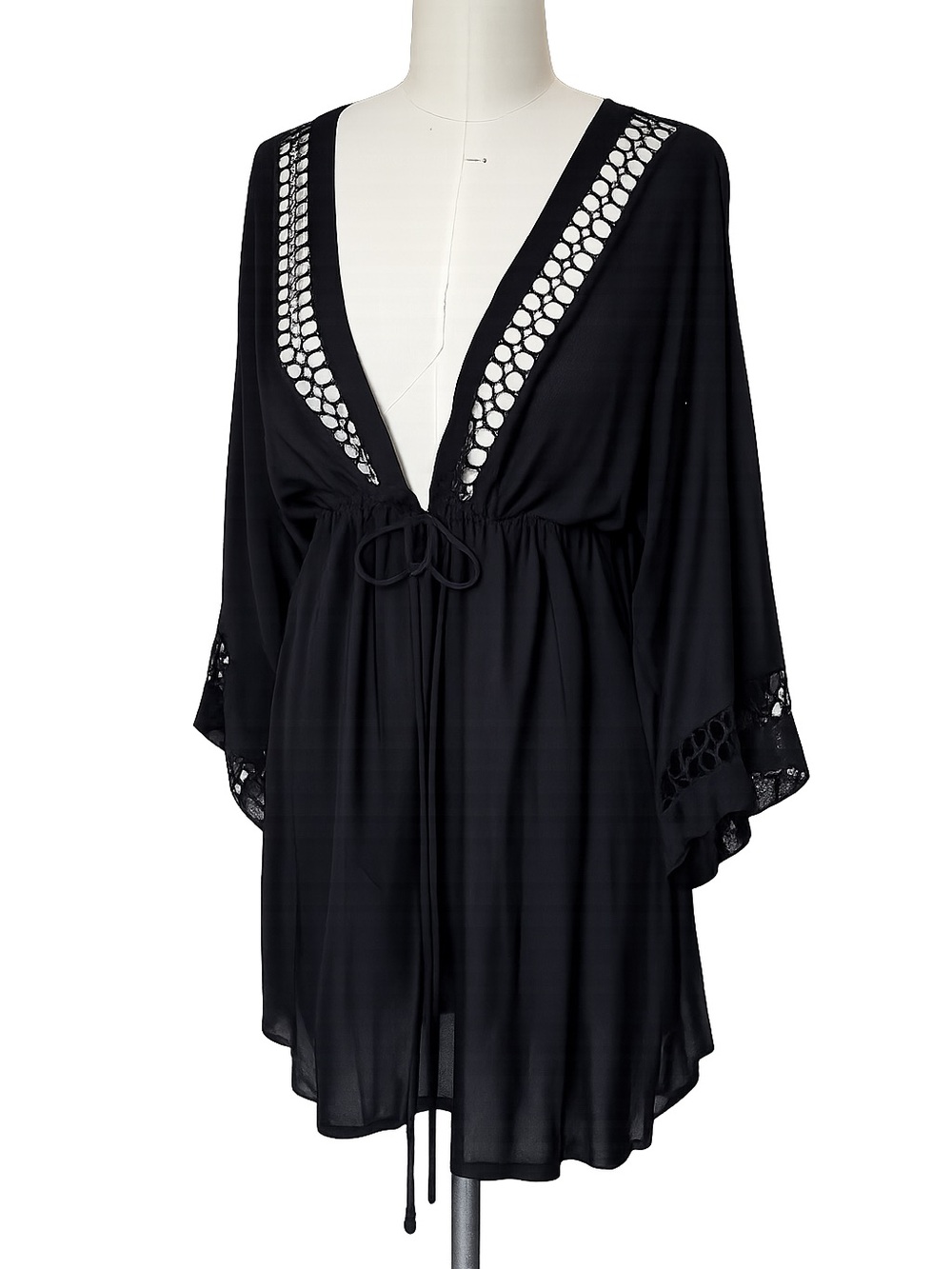 Raviya Black Crochet-Trim Swim Coverup with Drawstring Waist